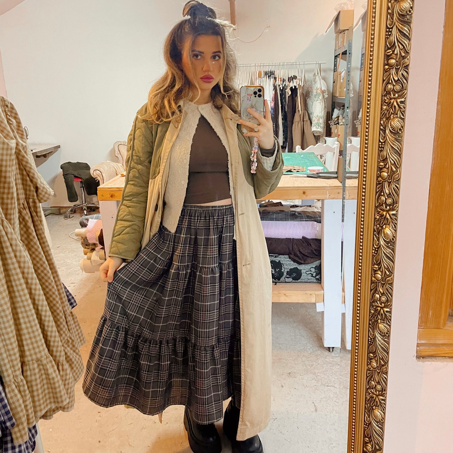 Grey Check Maxi Skirt