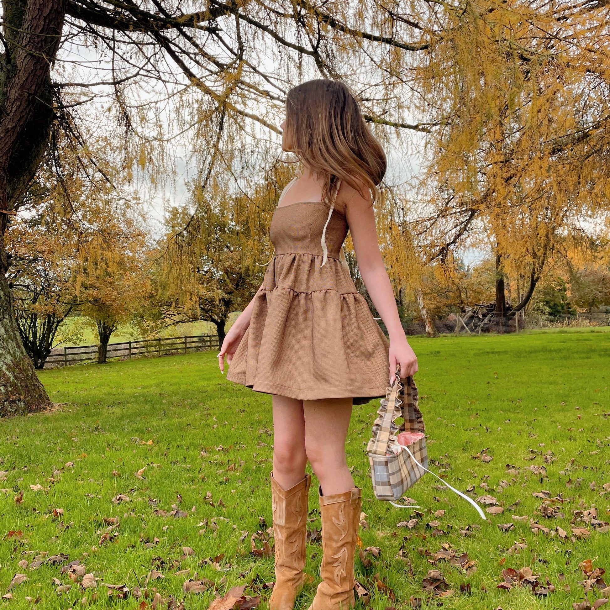 smock dress brown Brown Check Tie Front Smock Dress