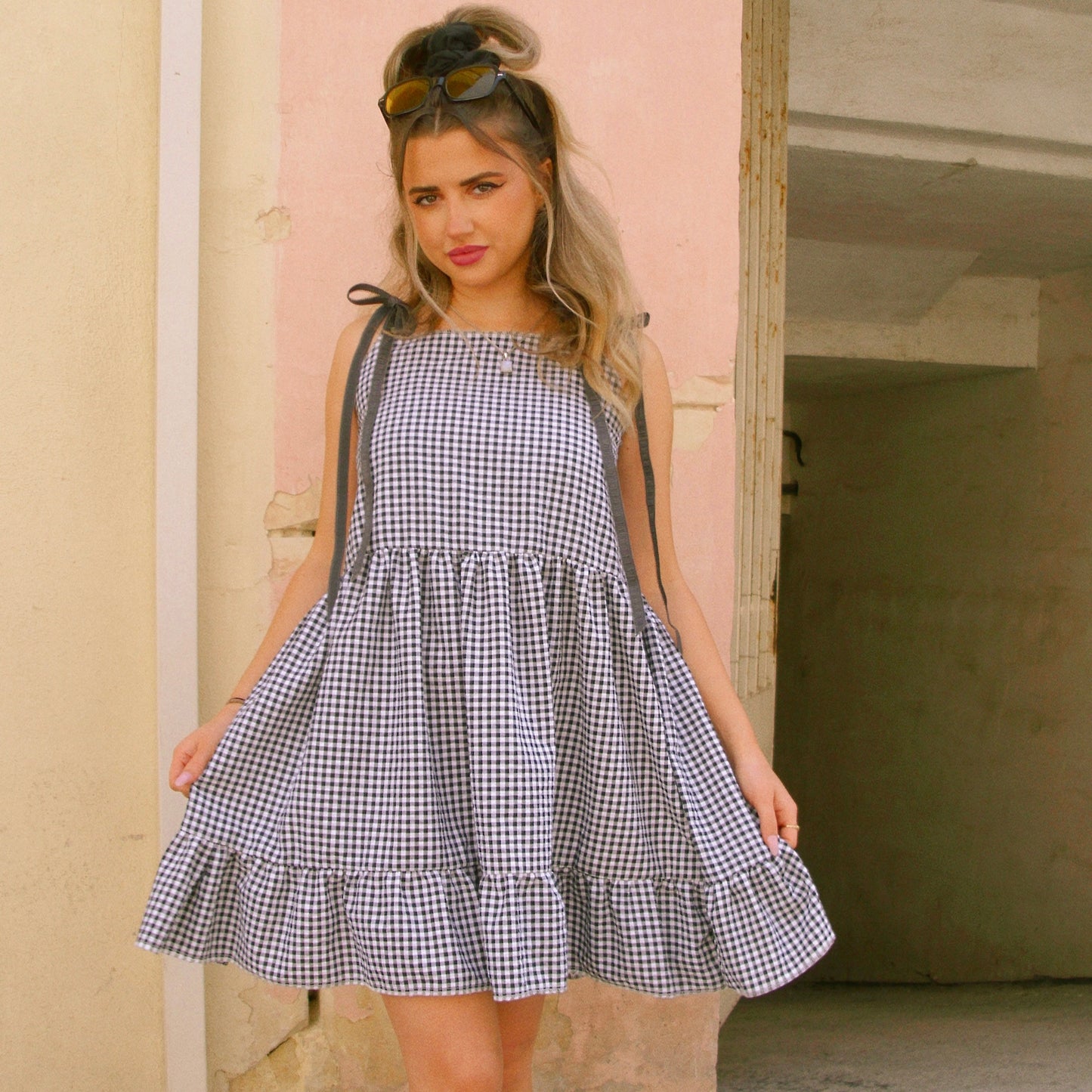 Black Gingham Smock Dress