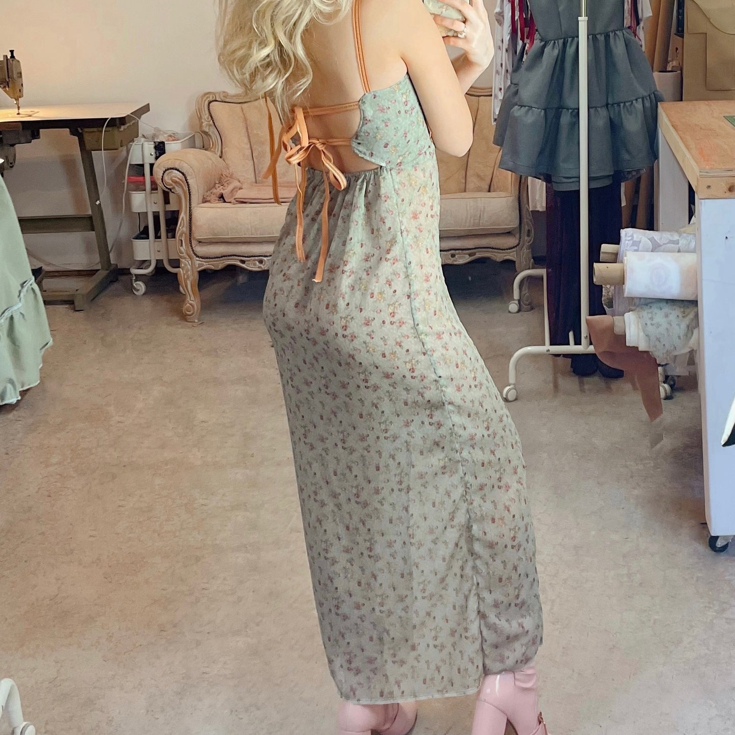 Sage Chiffon Floral Maxi Dress