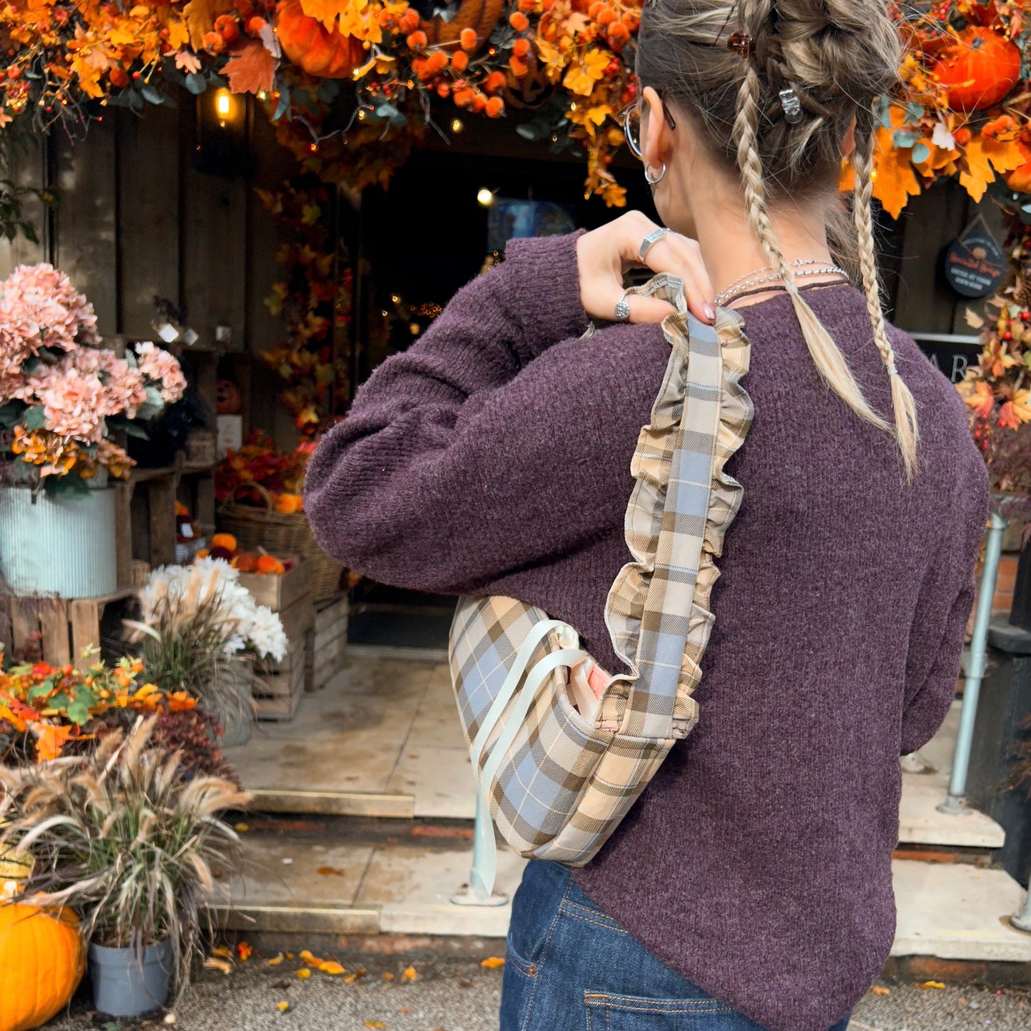Check Ruffle Shoulder Bag