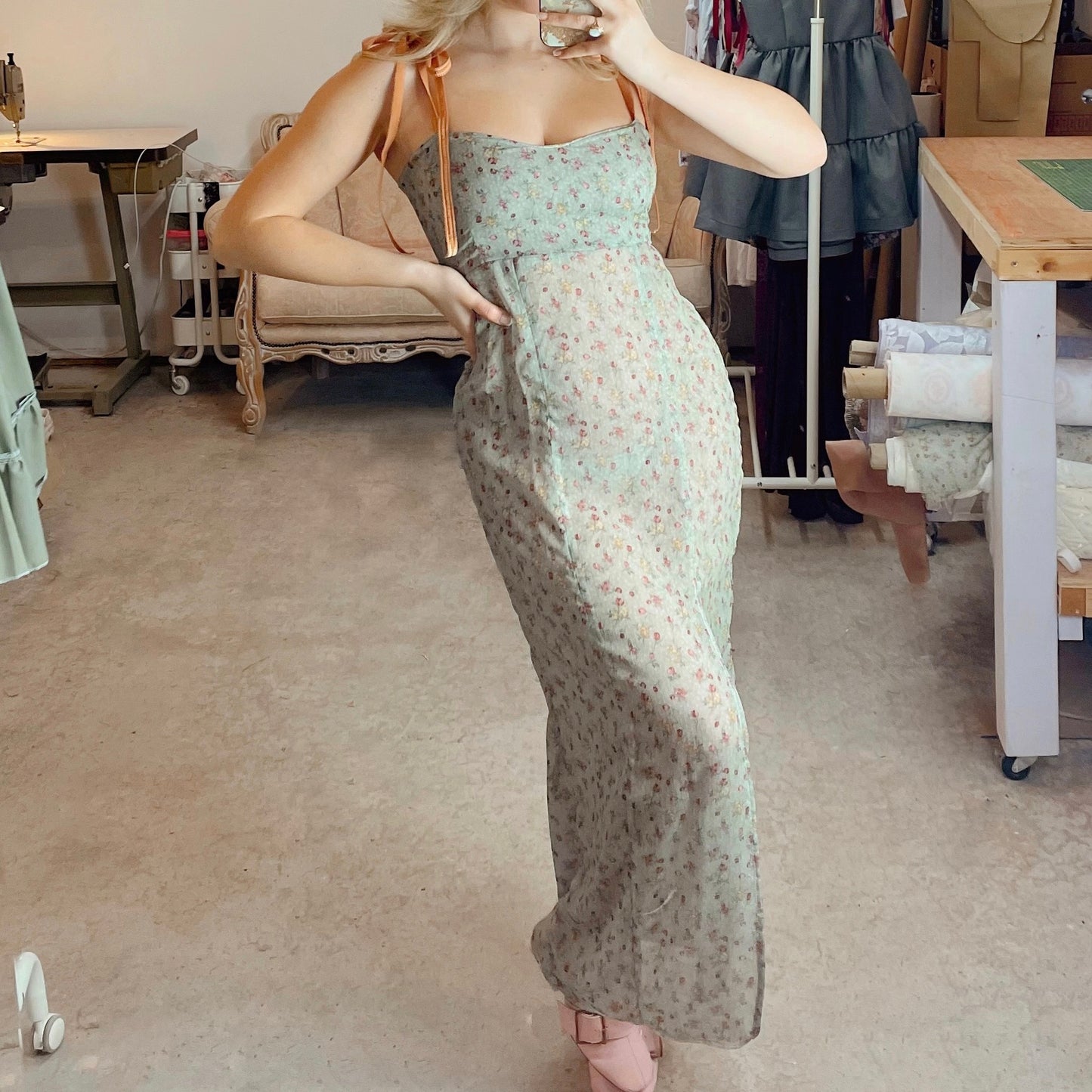 Sage Chiffon Floral Maxi Dress