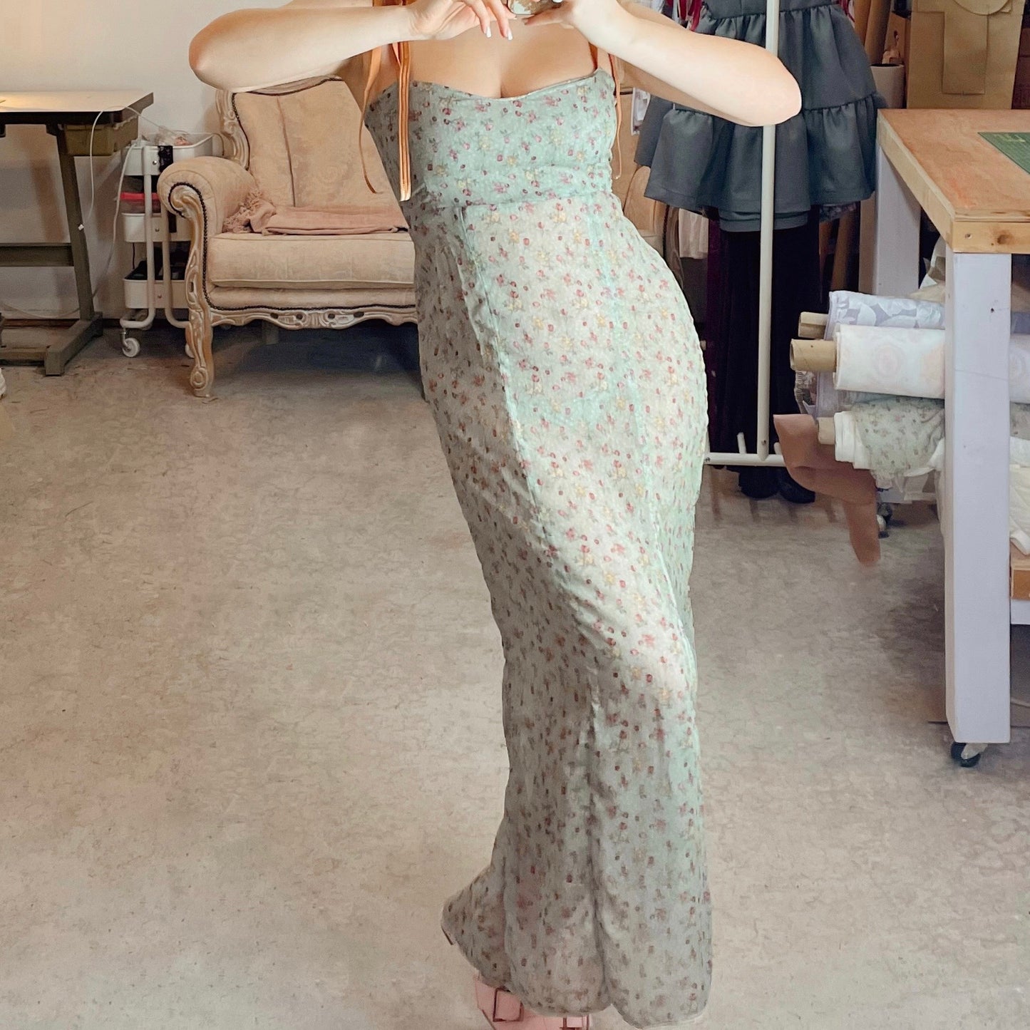 Sage Chiffon Floral Maxi Dress