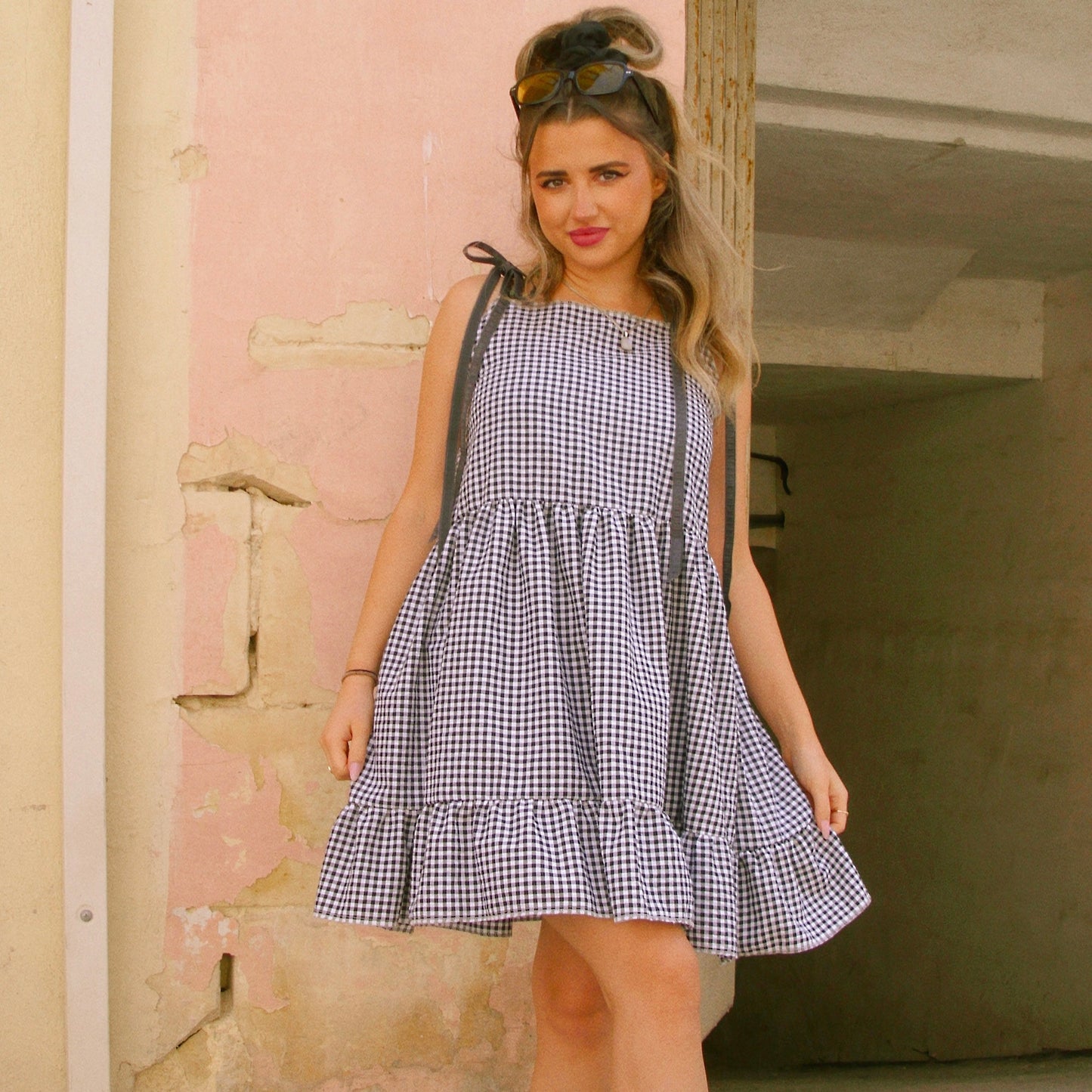 Black Gingham Smock Dress