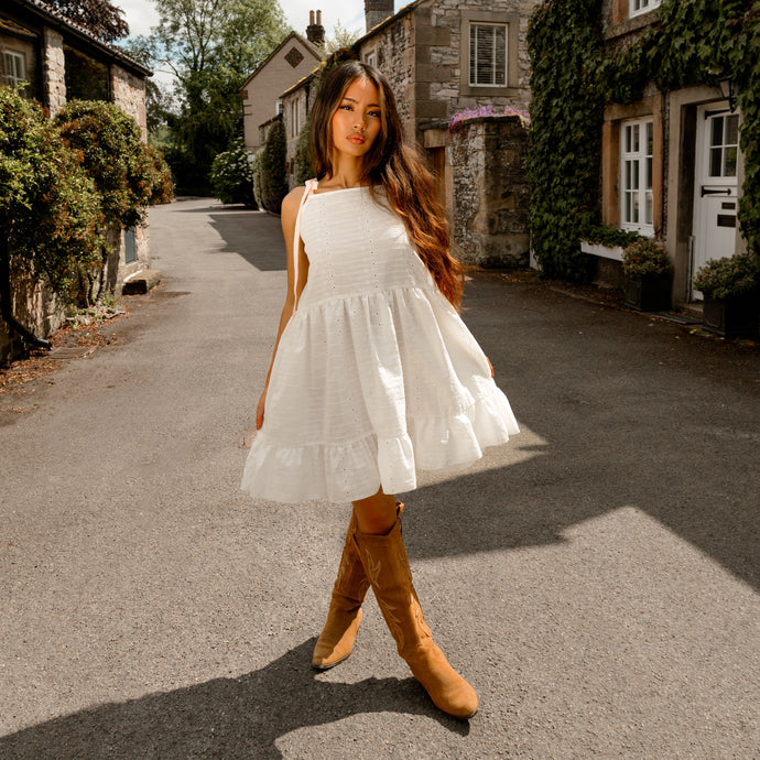 White Embroidered Smock Dress