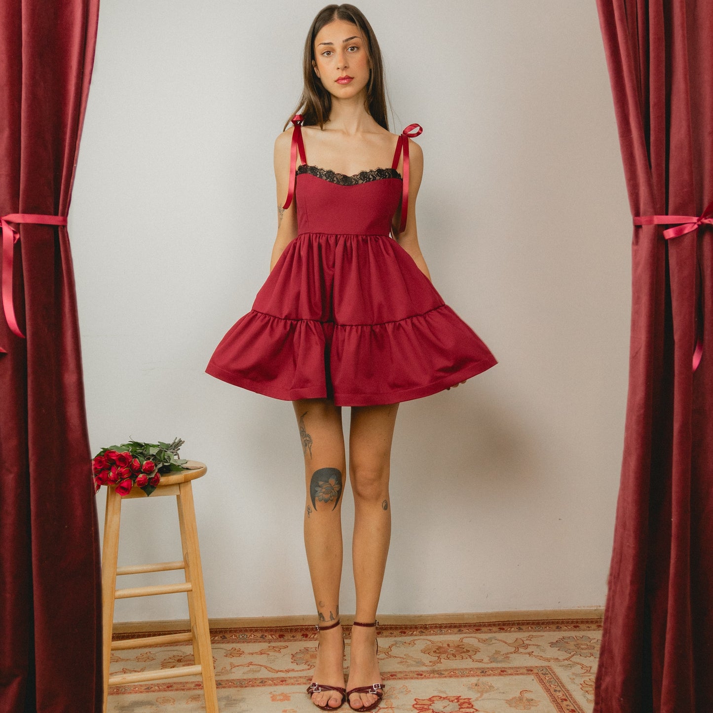 Burgundy Lace Smock Dress