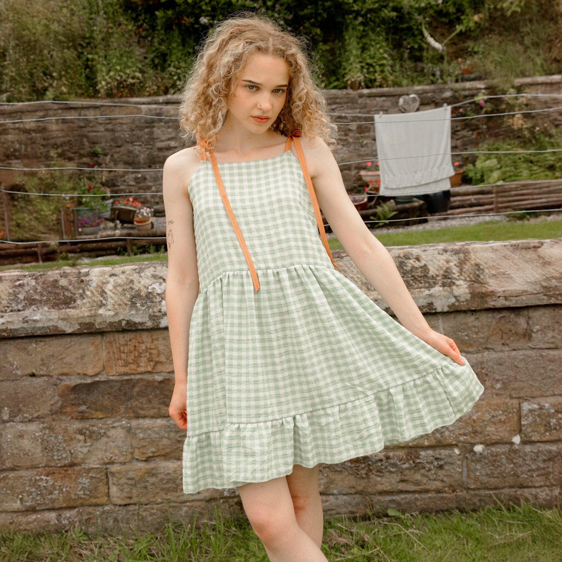 Sage Gingham Smock Dress - Small Sage Gingham Smock Dress - Small