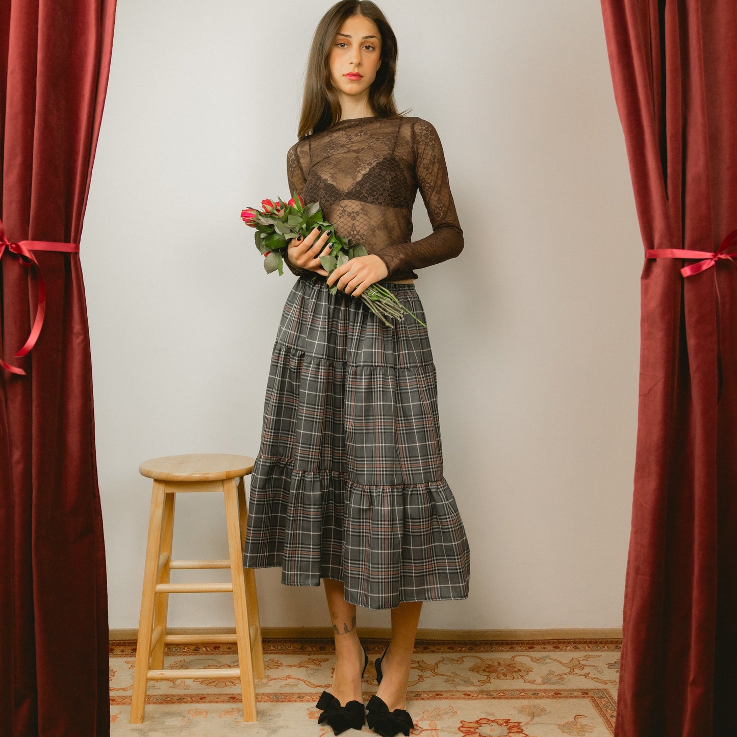 Grey Check Maxi Skirt