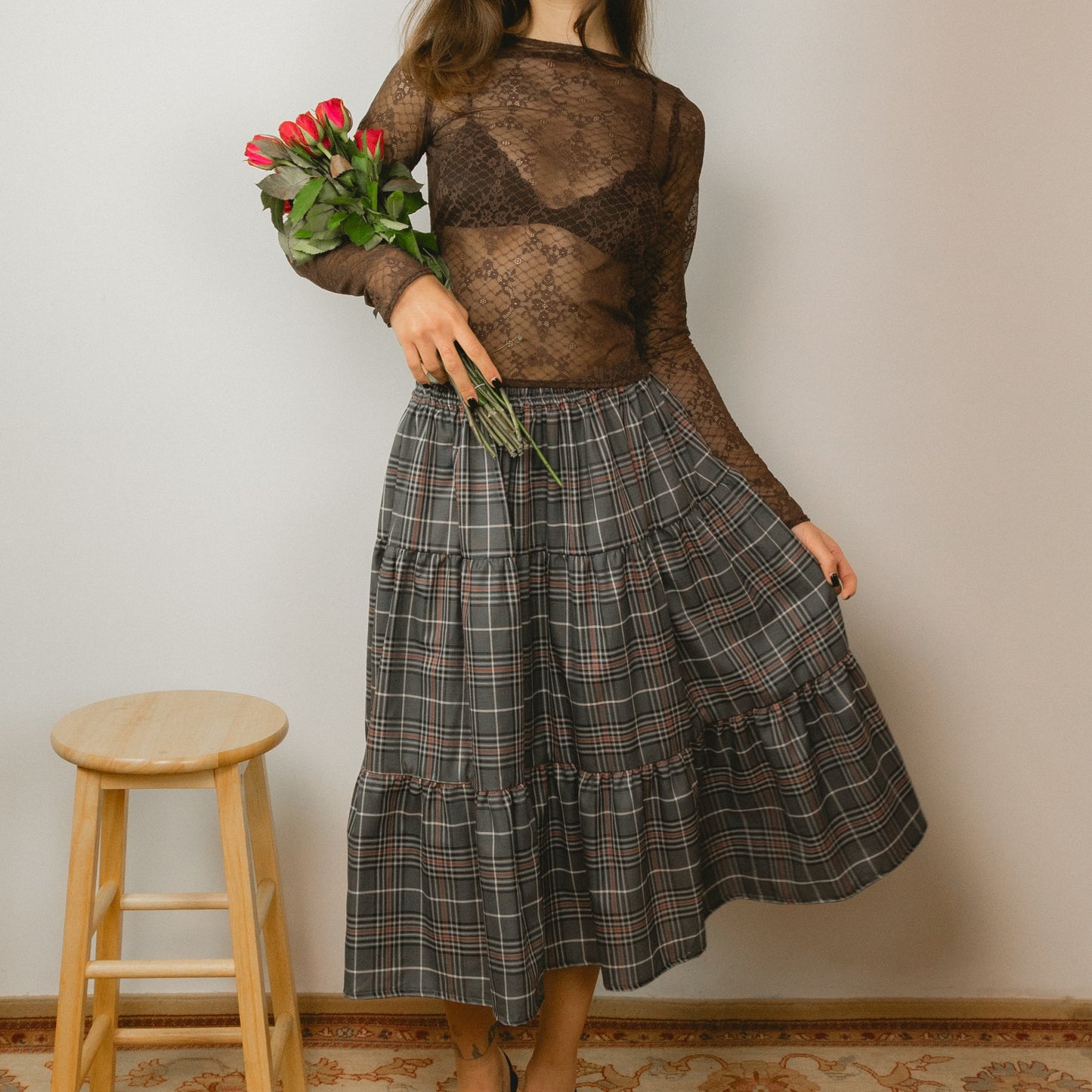 Grey Check Maxi Skirt