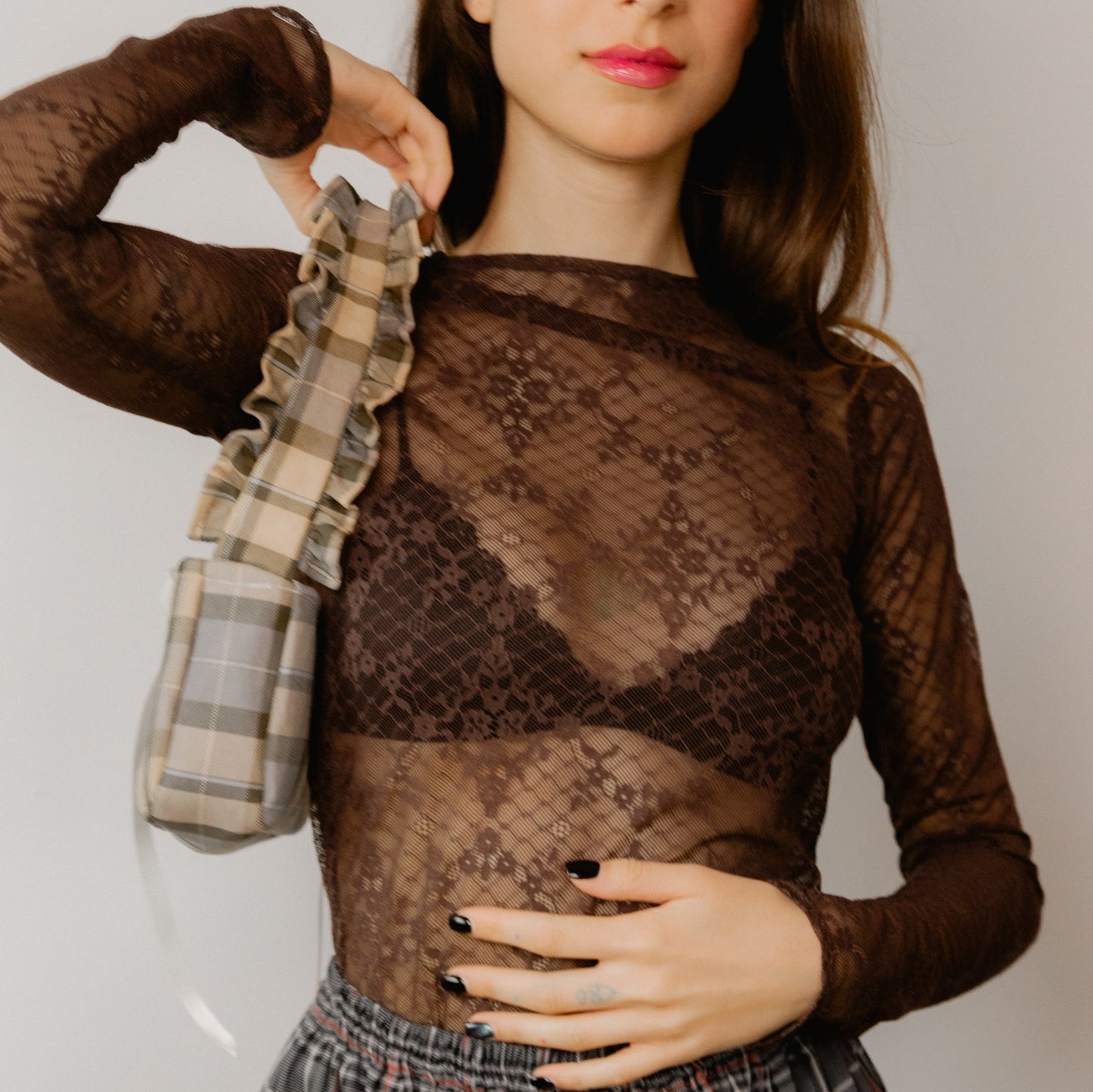 Check Ruffle Shoulder Bag