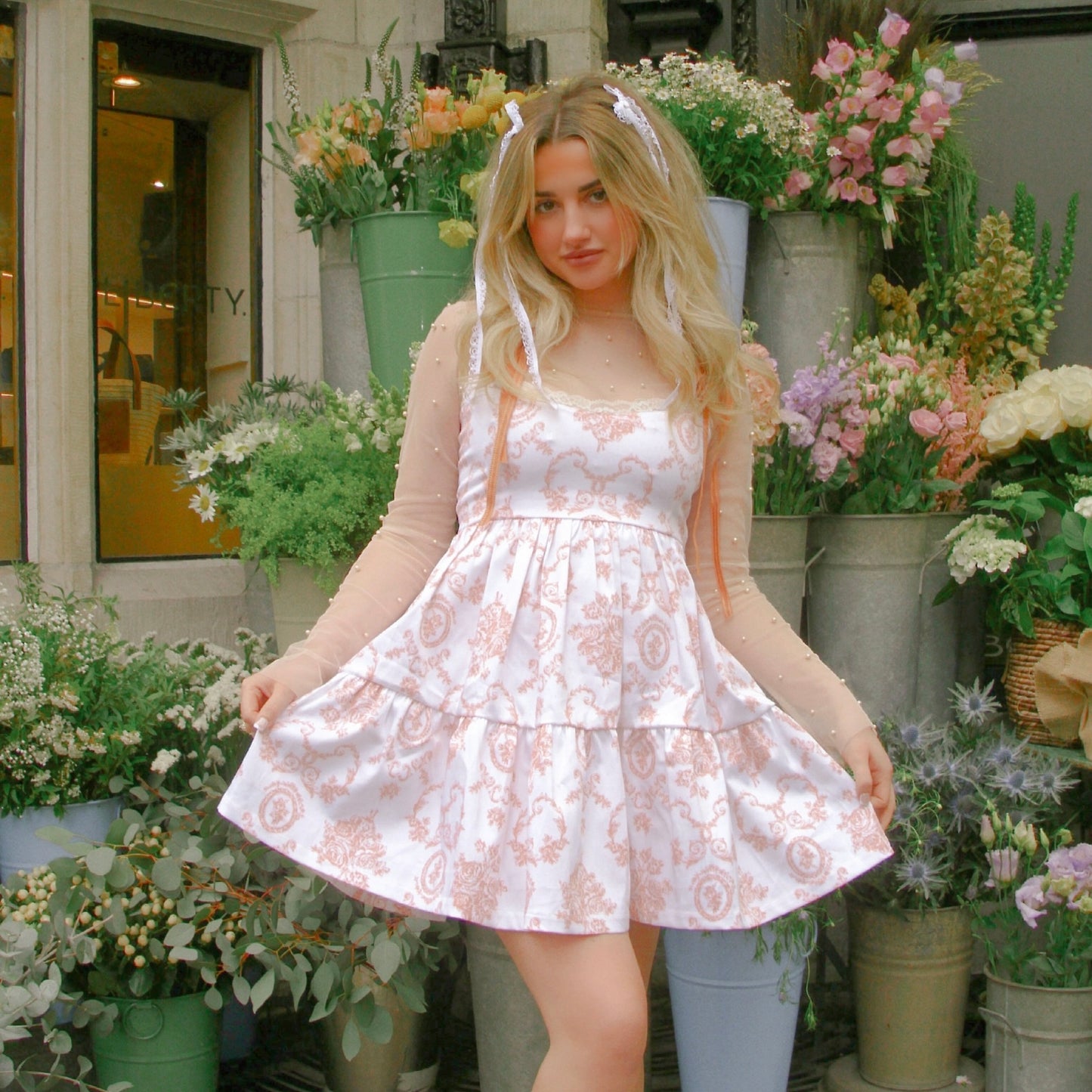 Peach Floral Smock Dress